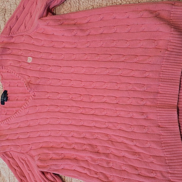 Chaps Ralph Lauren Pink V-Neck Cable Knit 100% Cotton Sweater - Picture 2 of 5
